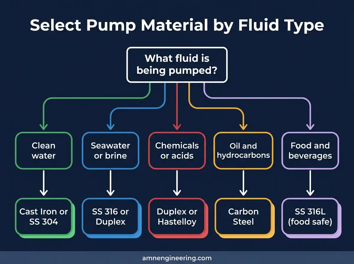 Flowchart mapping pumped fluid types to recommended pump component materials including cast iron, stainless steel, bronze, and duplex