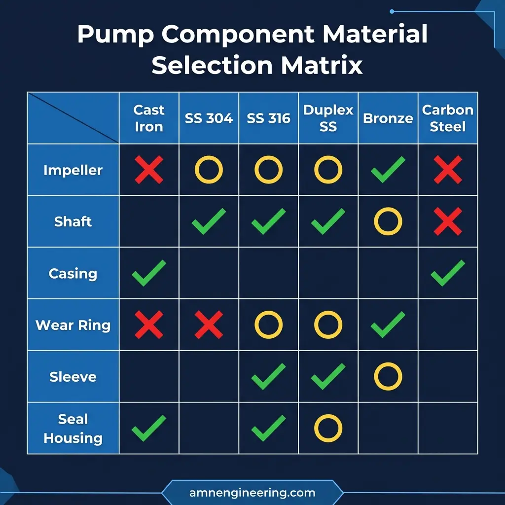 Pump component material selection matrix comparing corrosion resistance, strength, temperature, machinability, and cost of cast iron, SS 304, SS 316, duplex, and bronze