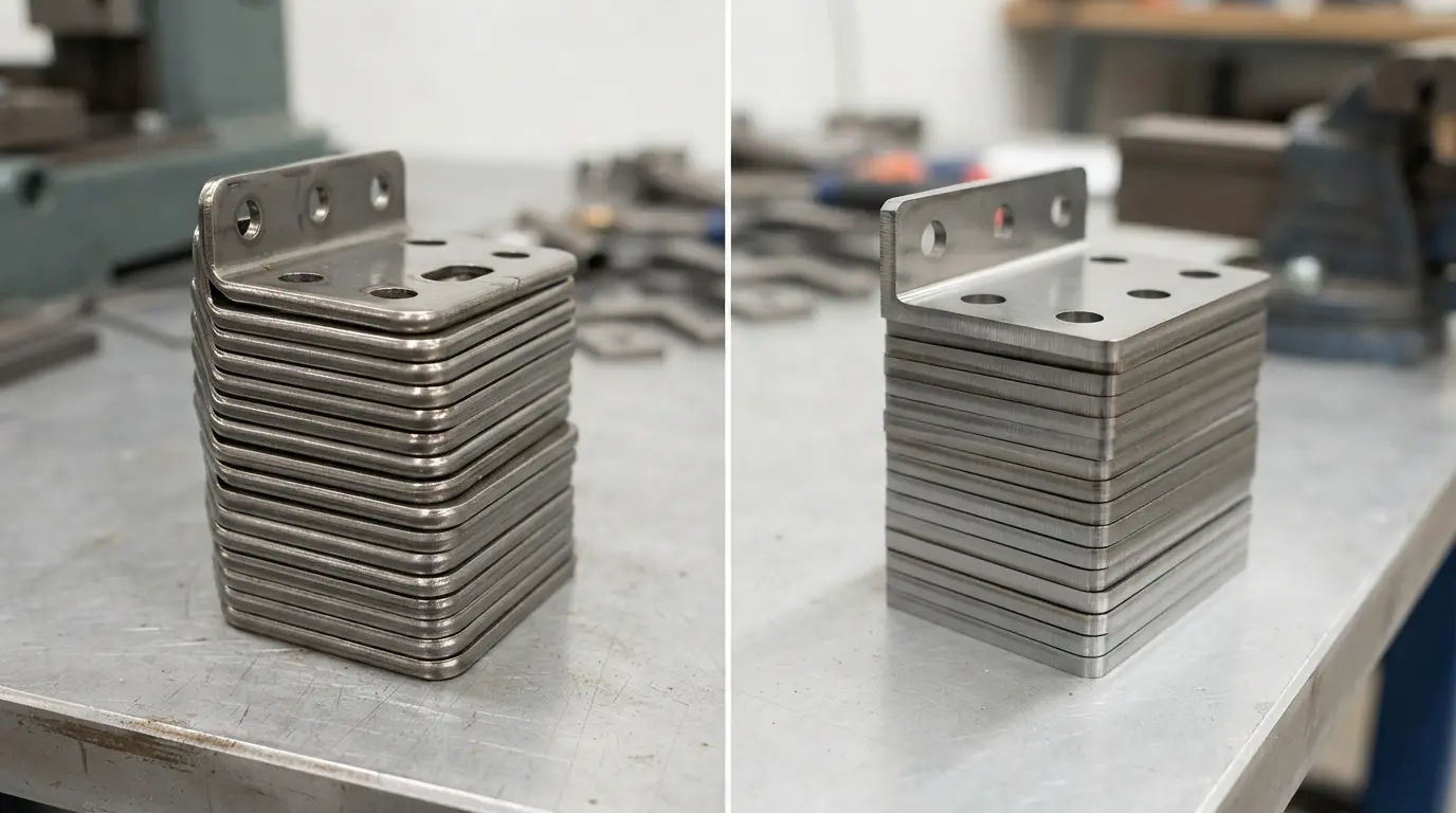 Metal stamped parts and laser cut parts side by side showing edge quality and production differences