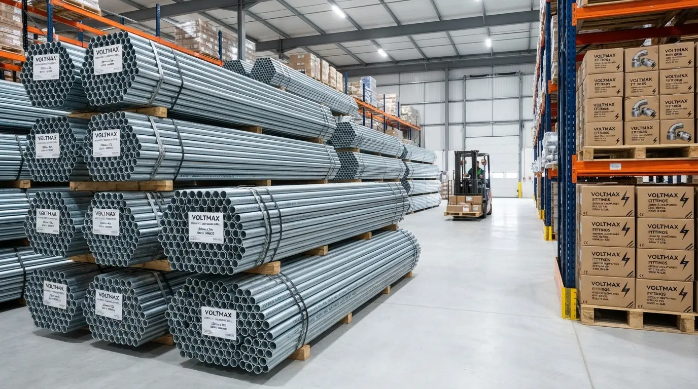 Steel conduits and fittings in branded packaging ready for shipment as OEM white label products