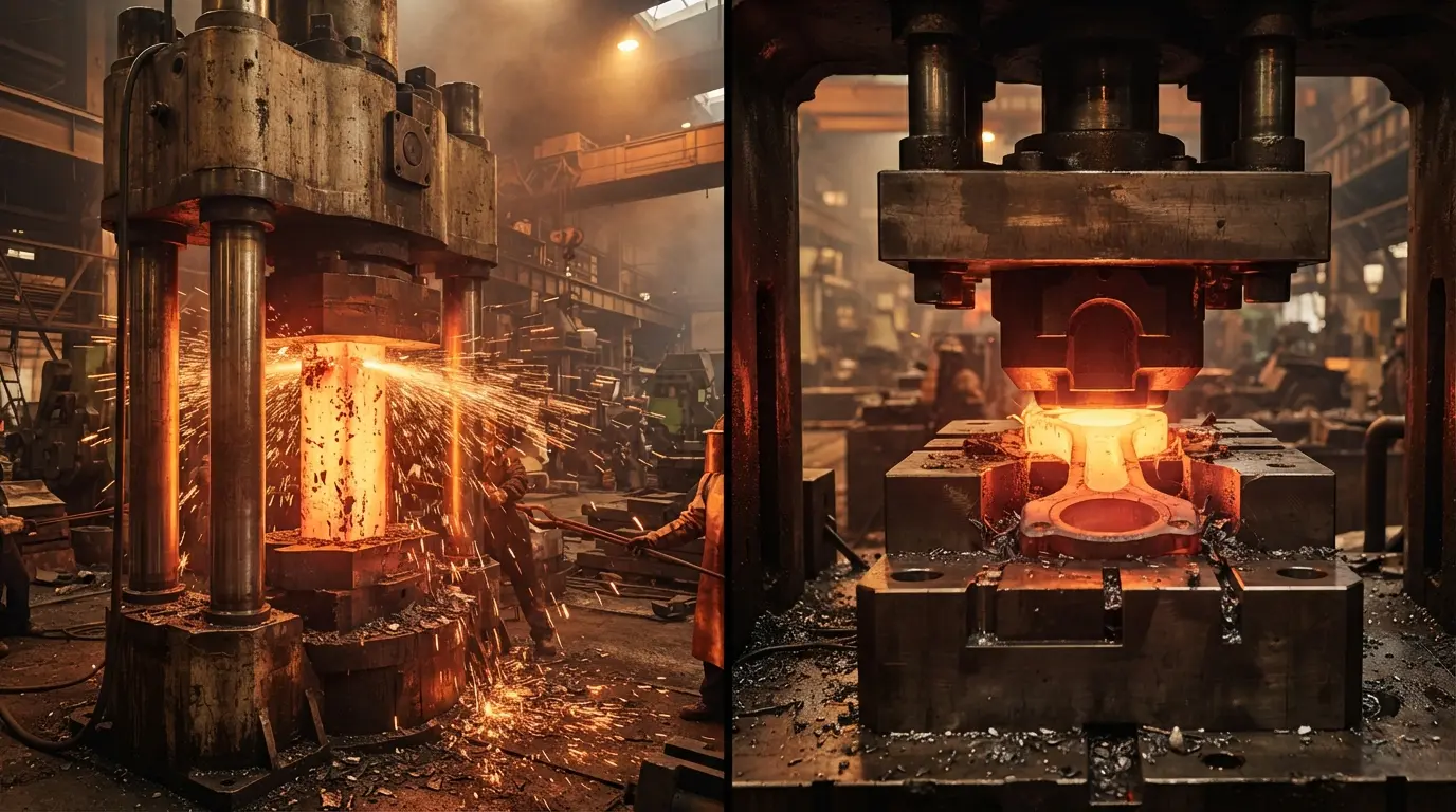 Comparison of open die forging with flat dies and closed die forging with shaped impression dies