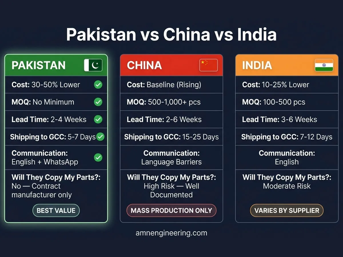 Pakistan vs China vs India manufacturing comparison table showing cost, MOQ, lead times, shipping, quality, and design safety ratings