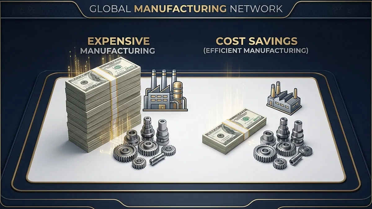 Total landed cost comparison bar chart showing Pakistan 30-50% cheaper than China for CNC machined parts including shipping and customs