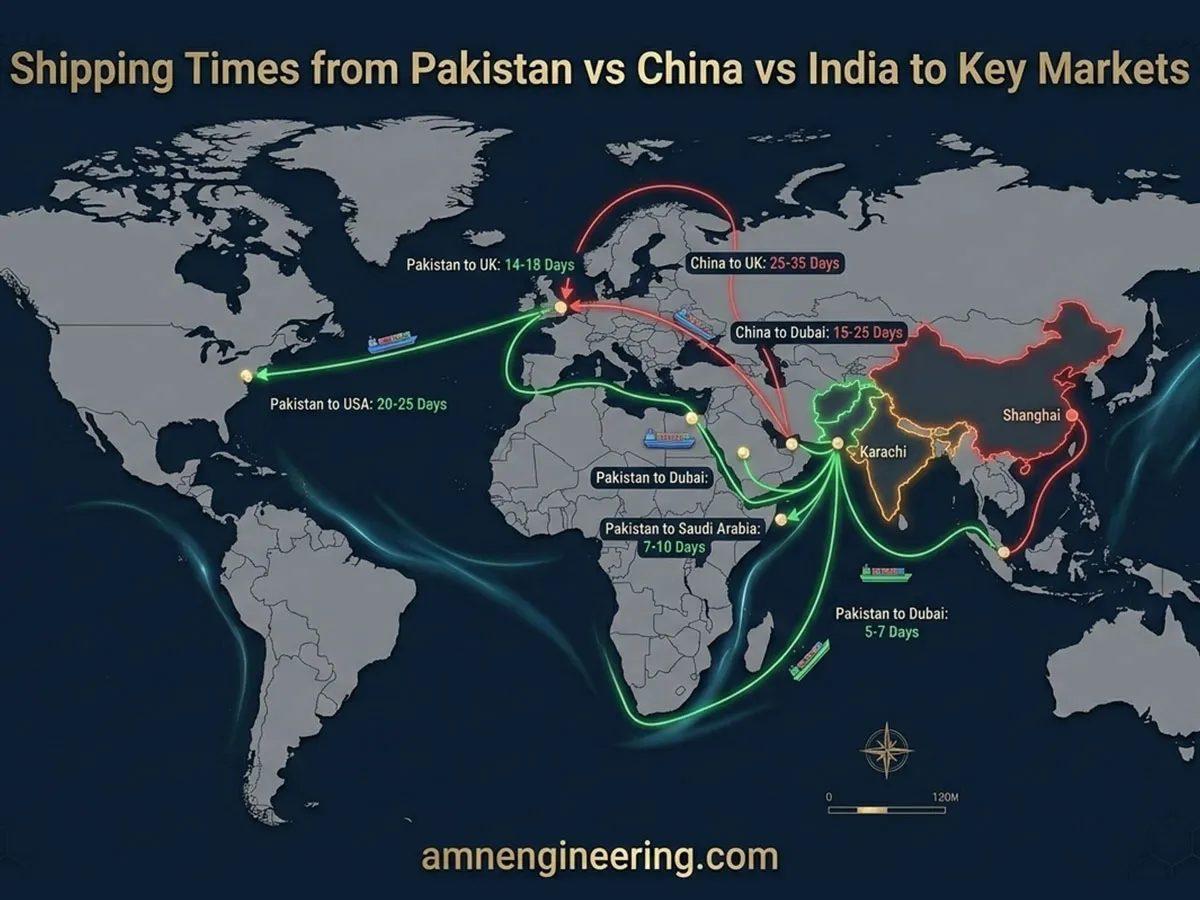 Sea shipping route map showing transit times from Pakistan, China, and India to Dubai, Saudi Arabia, Europe, and USA with Pakistan having shortest route to GCC