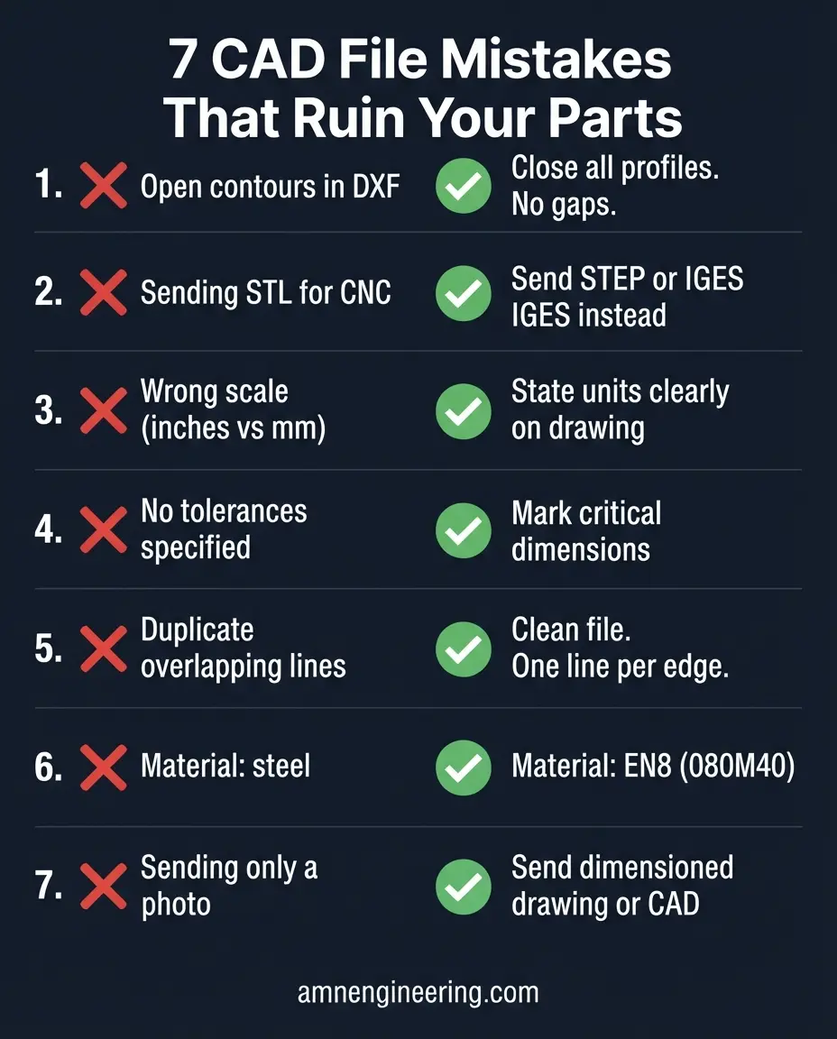 Seven common CAD file mistakes that cause manufacturing problems including open contours, wrong scale, missing tolerances, and duplicate lines