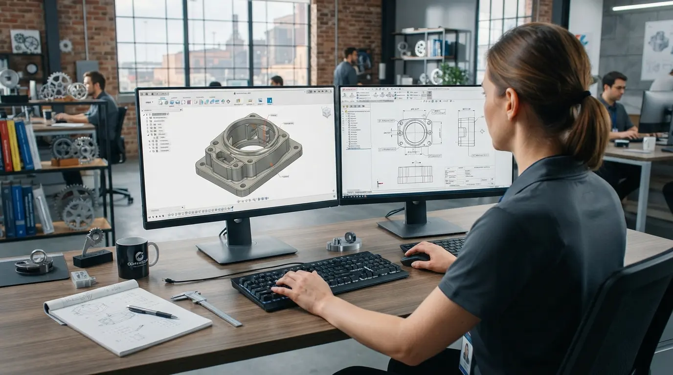 Computer screen showing CAD software with engineering drawing ready for export to CNC manufacturing