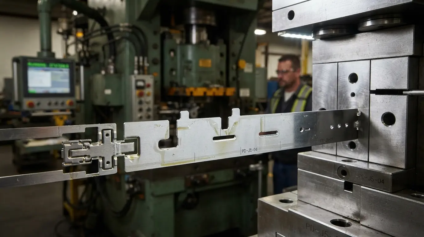 Progressive die stamping strip showing a sheet metal part moving through multiple stations from flat blank to finished formed part