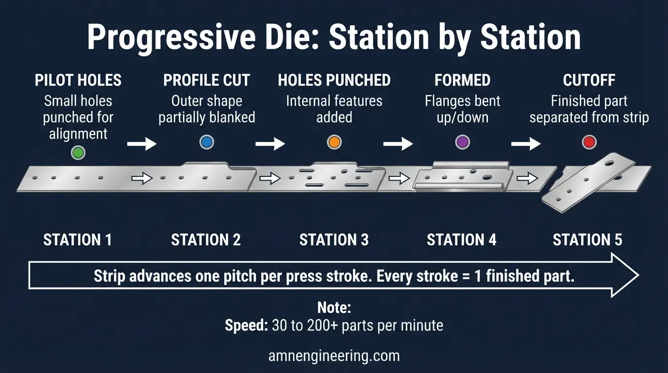 Diagram of a progressive die stamping strip showing each station from pilot holes through blanking, piercing, forming, and final cutoff