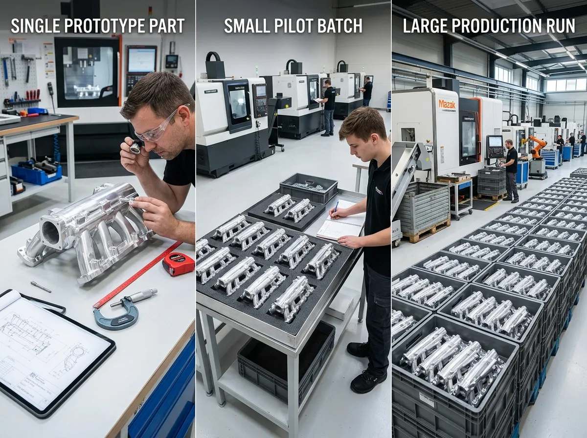 Manufacturing scale progression showing single prototype part, small pilot batch, and large production run of identical CNC machined parts