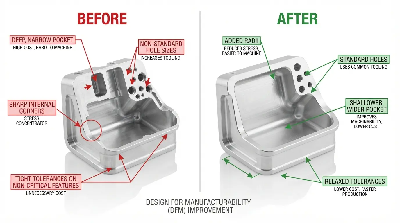 CNC machined parts showing before and after design optimization with annotations highlighting cost saving changes
