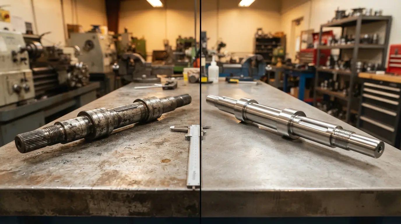 Reverse engineering process showing a worn original part being measured with calipers alongside a new CNC machined replica