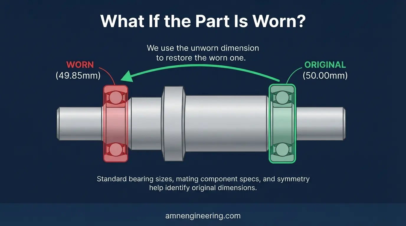 Diagram comparing a worn shaft bearing seat against the original design dimension, showing how the restored part returns to the intended size