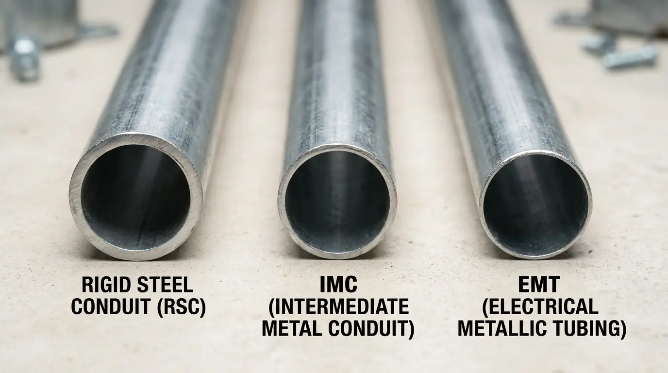 Rigid steel conduit vs EMT vs IMC comparison showing three conduit types side by side with different wall thicknesses and fittings