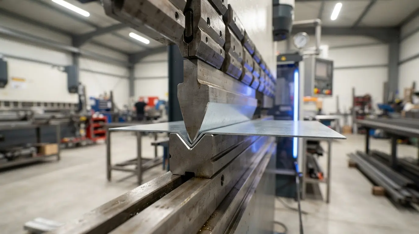 Sheet metal part being bent on a press brake machine showing the punch and die forming a precise 90 degree bend