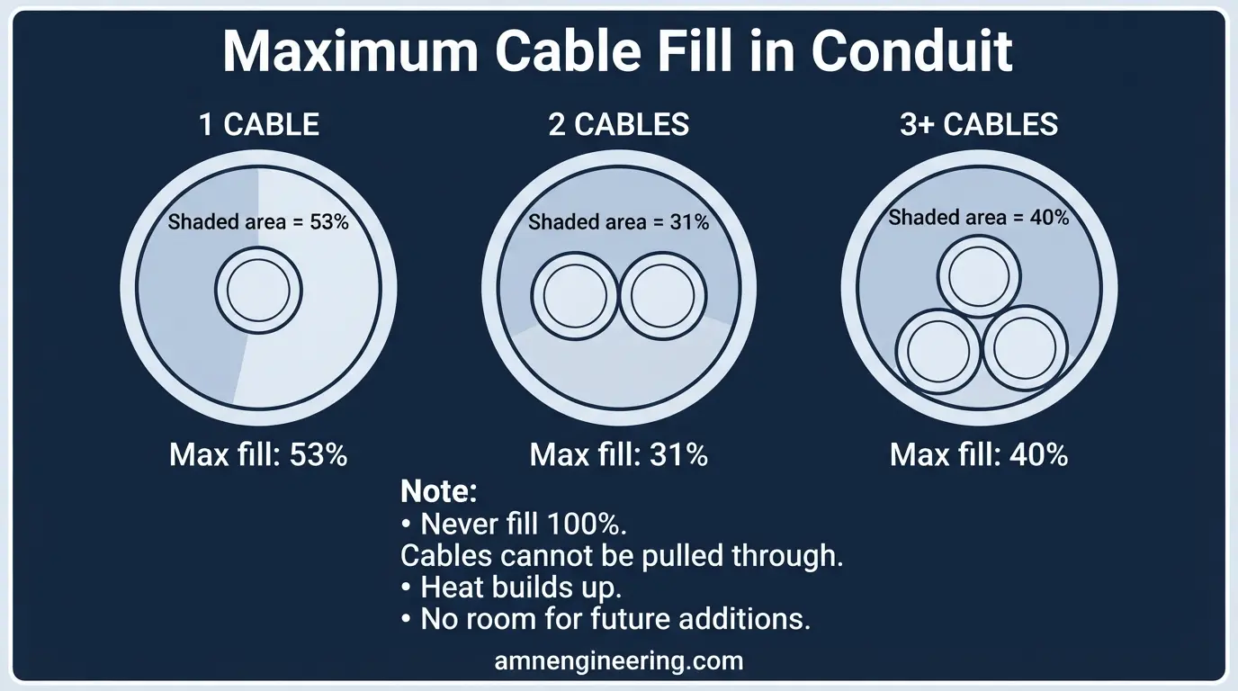 Cross section diagrams comparing conduit filled with one, two, and three or more cables showing the maximum fill percentage for each