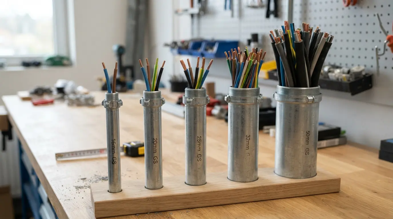 Various sizes of steel conduit from 16mm to 50mm with cables visible inside the largest size