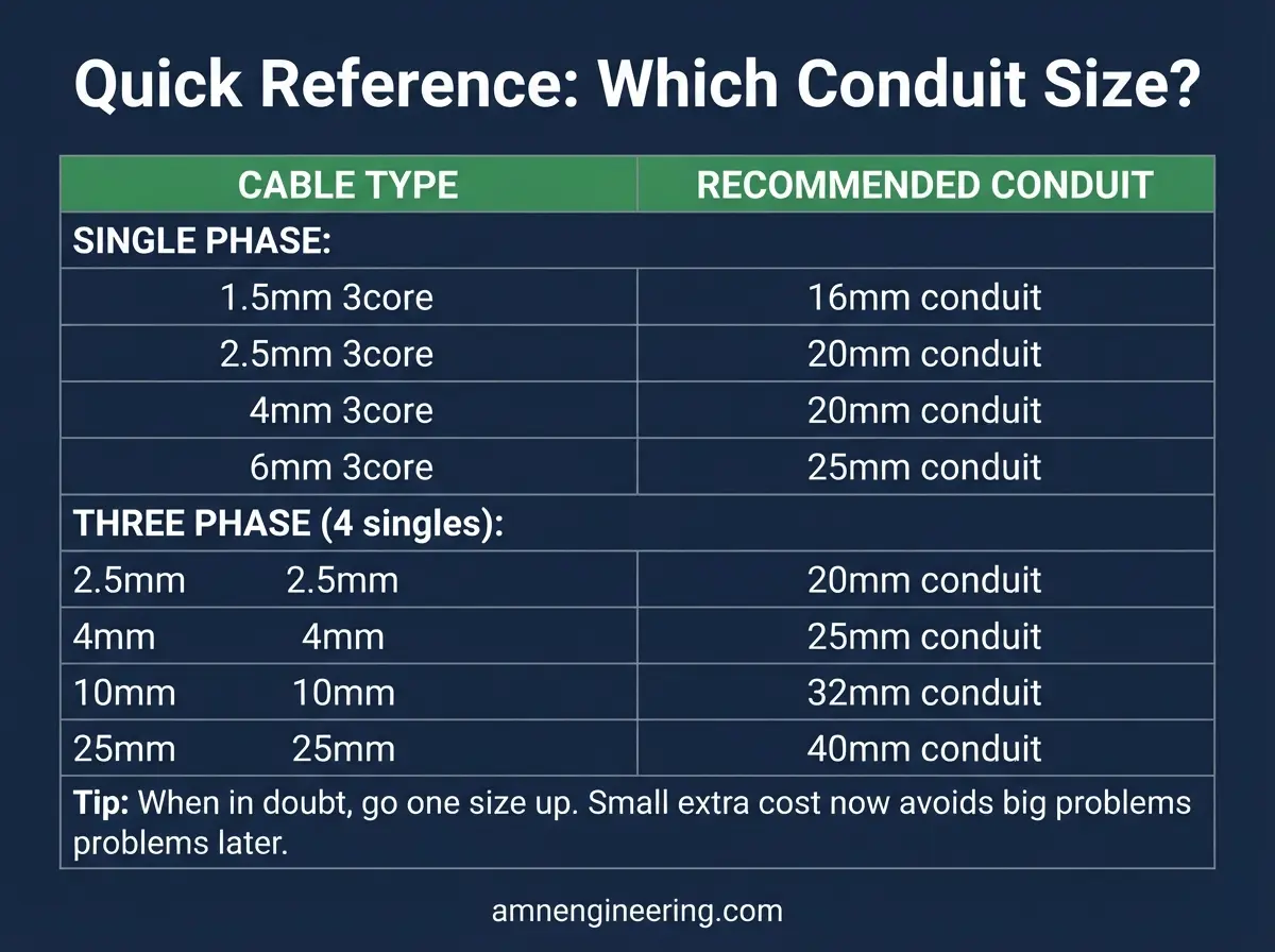 Quick reference chart showing recommended conduit sizes for common cable configurations in single phase and three phase circuits