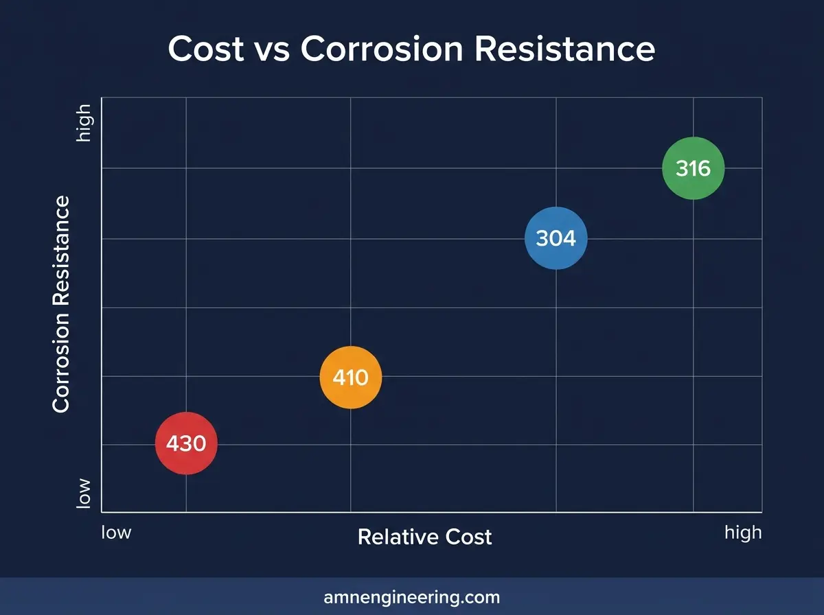 Chart plotting relative cost against corrosion resistance for stainless steel grades 304, 316, 410, and 430
