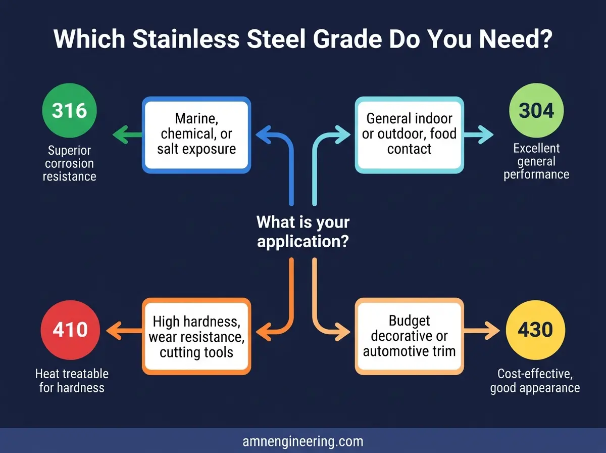 Decision flowchart for choosing between stainless steel grades 304, 316, 410, and 430 based on hardening, corrosion exposure, and budget