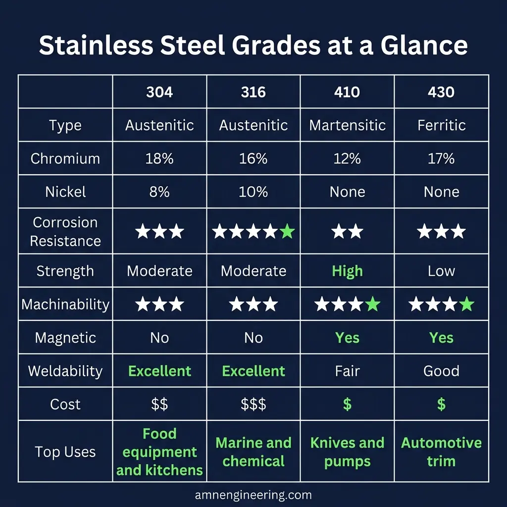Comparison table of stainless steel grades 304, 316, 410, and 430 showing family, magnetism, composition, corrosion resistance, strength, and cost
