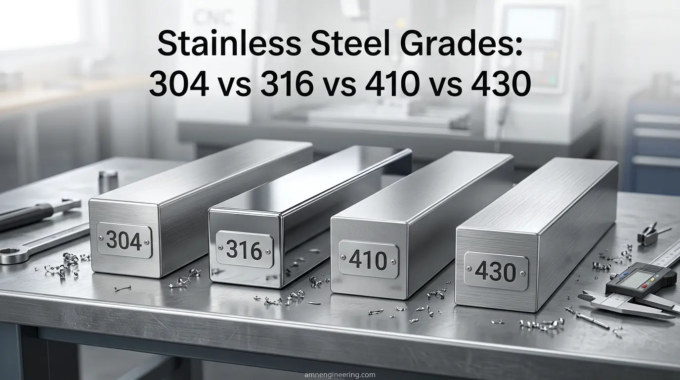 Four stainless steel round bars and machined sample parts showing grades 304, 316, 410, and 430 at AMN Engineering