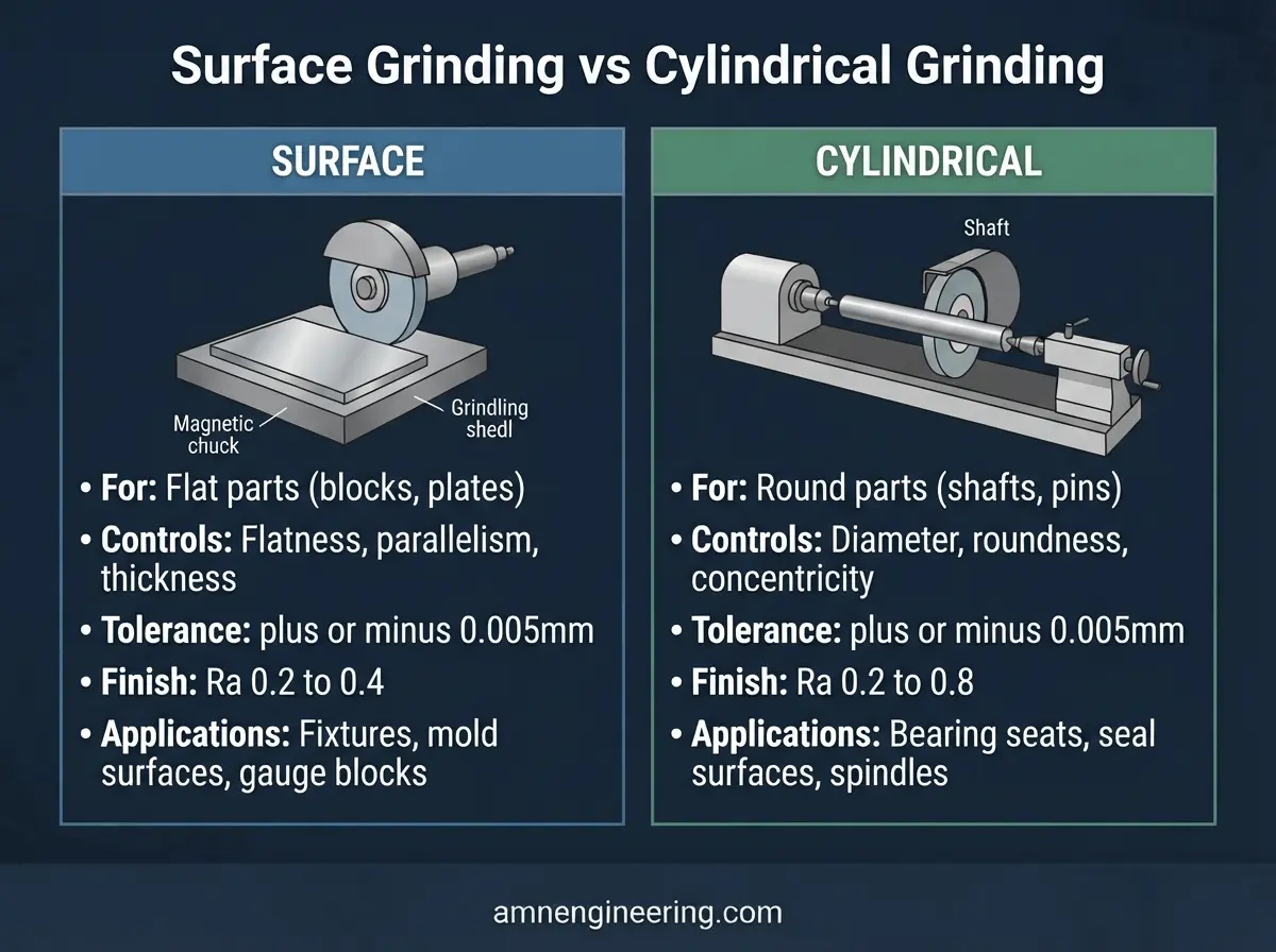 Comparison of achievable tolerances and surface finish for CNC turning, CNC milling, surface grinding, and cylindrical grinding