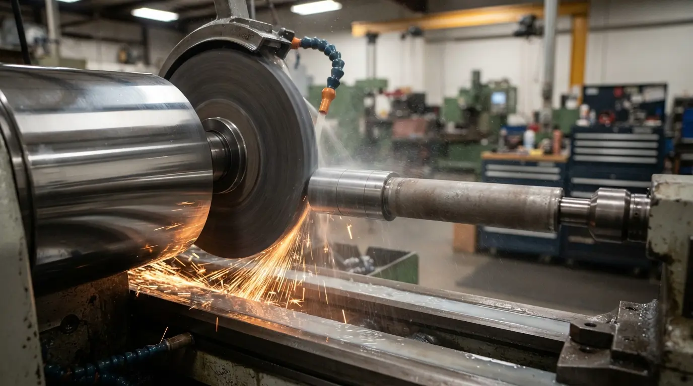 Precision grinding machine producing a mirror finish on a CNC machined steel shaft