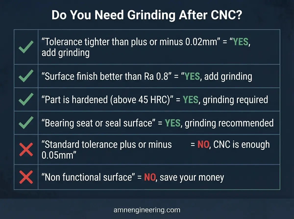 Decision guide showing when to add grinding after CNC machining based on tolerance, surface finish, flatness, bearing fits, and hardened material