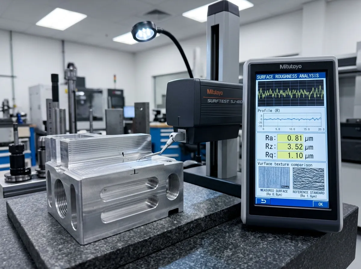 Surface roughness measurement on a CNC machined part showing Ra values and surface texture comparison