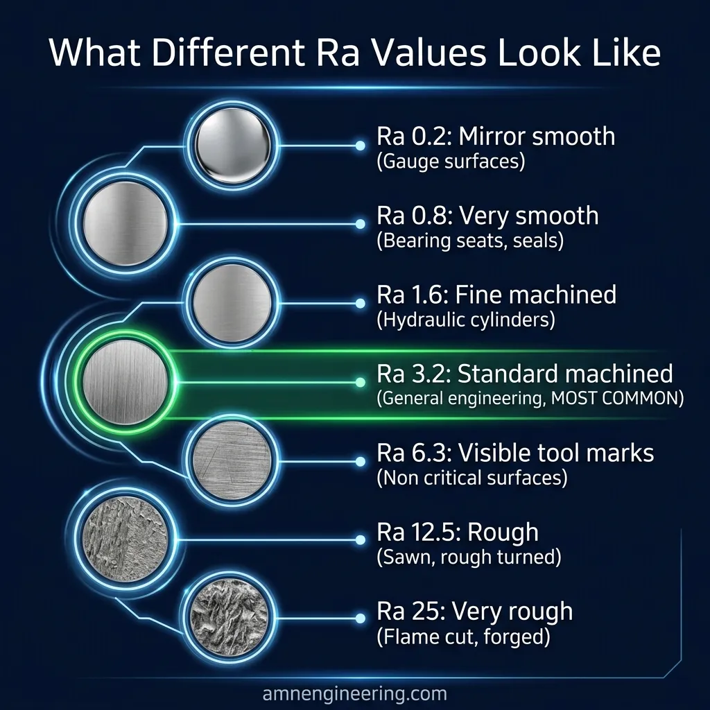 Visual chart showing surface roughness values from Ra 0.2 to Ra 25 with example textures and typical applications