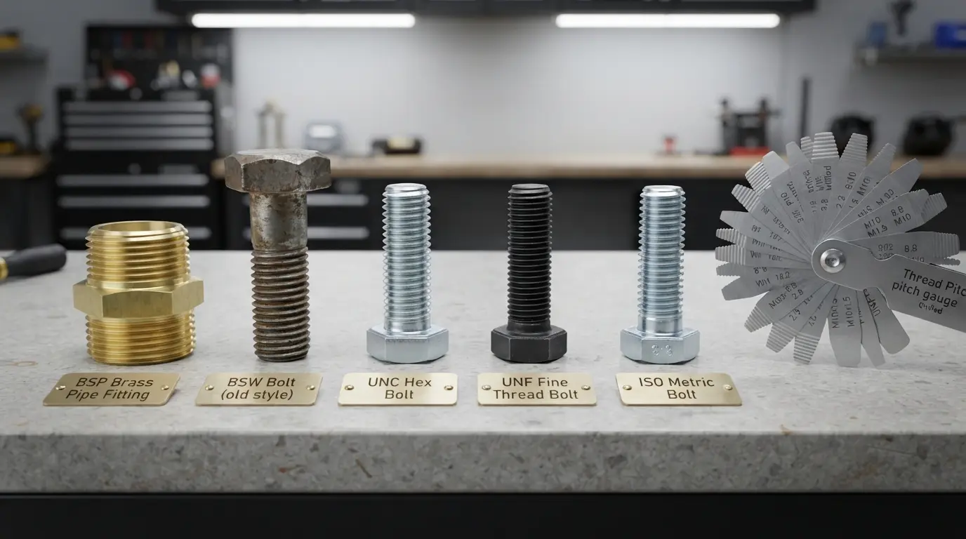 Five different threaded bolts and fittings representing BSP, BSW, UNC, UNF, and metric thread standards laid out with labels