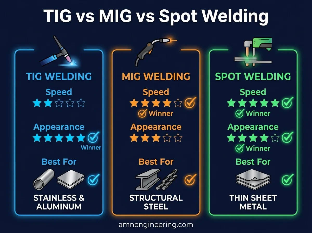 TIG vs MIG vs spot welding comparison table showing speed, strength, appearance, cost, and best applications for each method