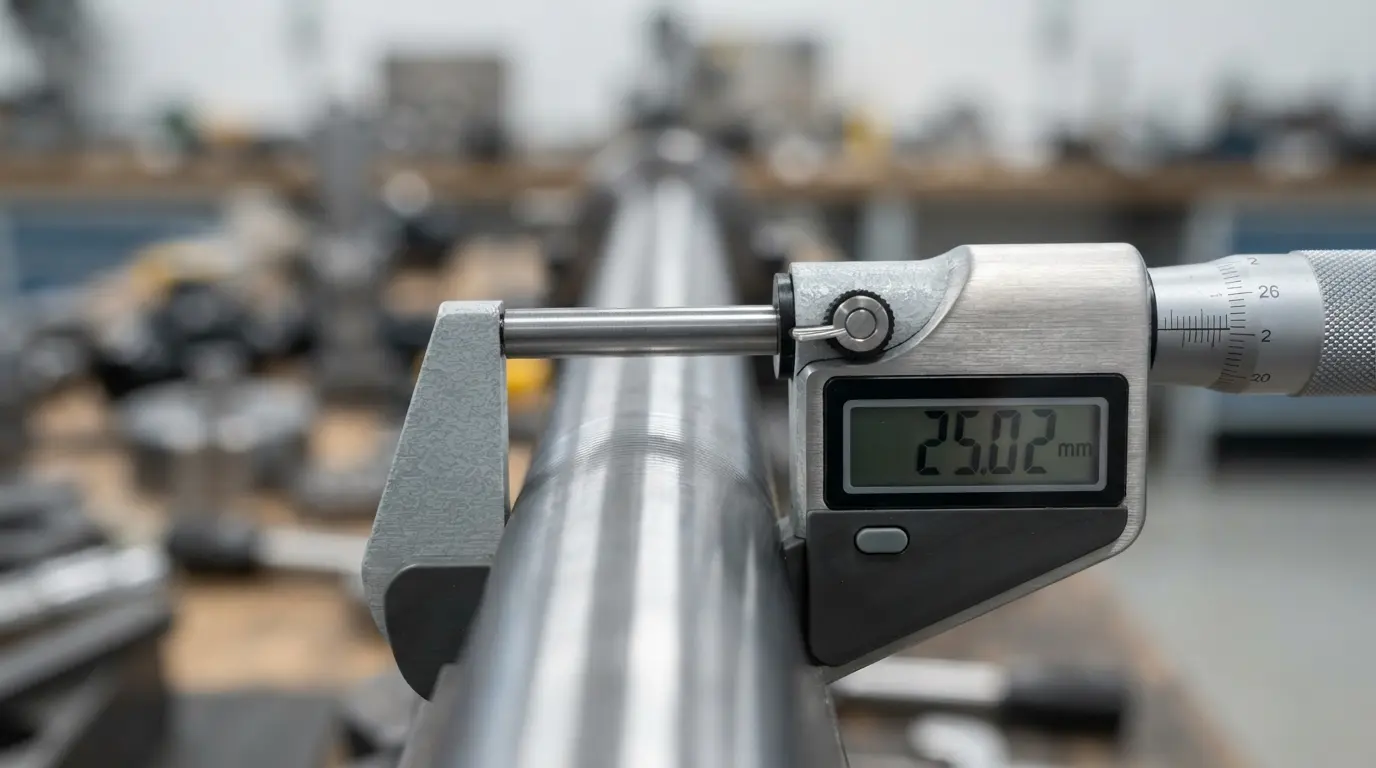 CNC machined shaft being measured with a micrometer showing tolerance verification at plus or minus 0.02mm precision