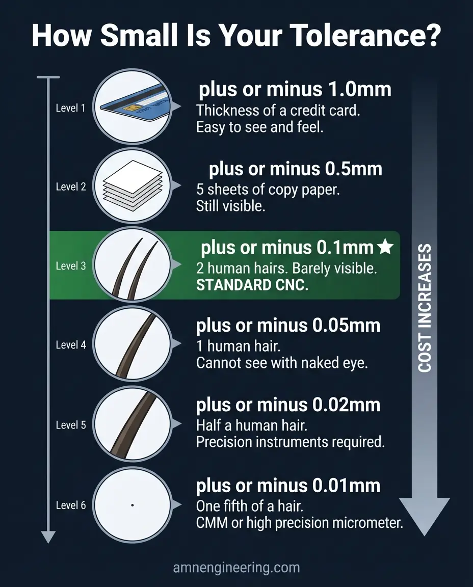 Visual scale comparing machining tolerance values to everyday objects like human hair, paper thickness, and credit card thickness