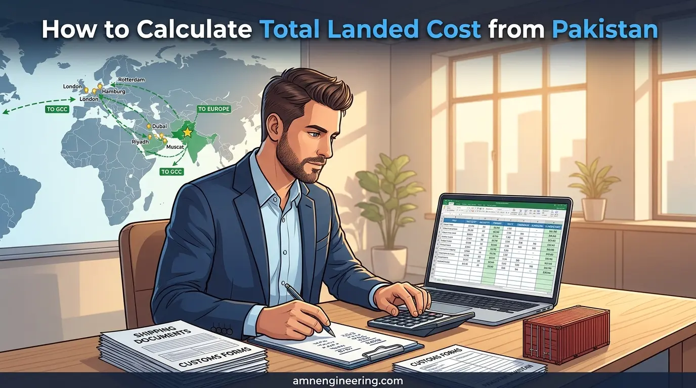 Infographic showing the total landed cost breakdown for manufactured parts sourced from Pakistan