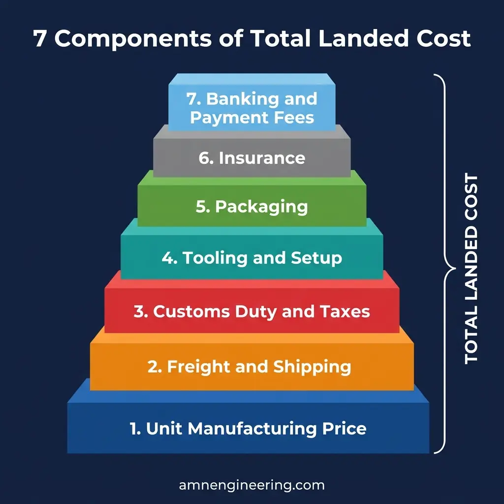 Breakdown of the seven components of total landed cost including unit price, tooling, packaging, inland transport, freight, customs duty, and insurance
