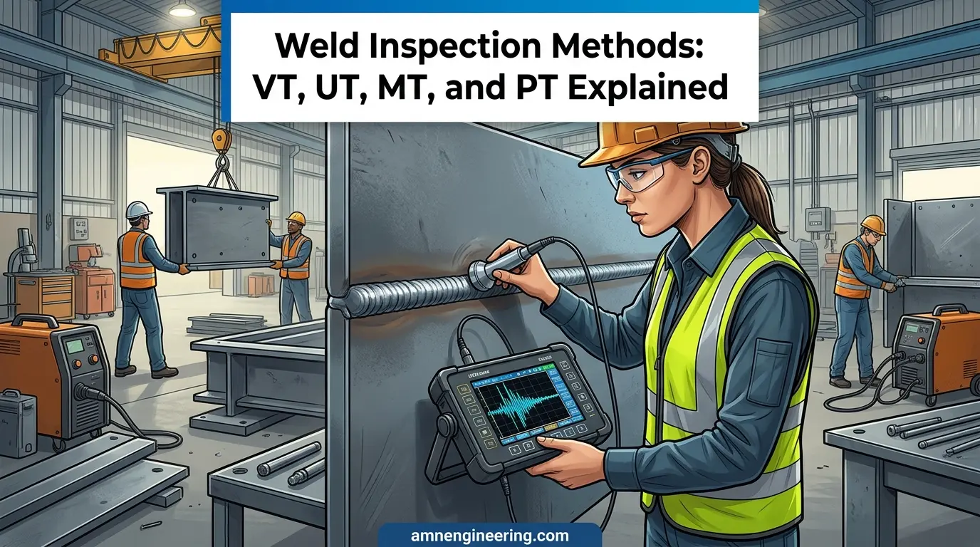 Weld inspector examining a structural steel fabrication with visual and non destructive testing tools at AMN Engineering