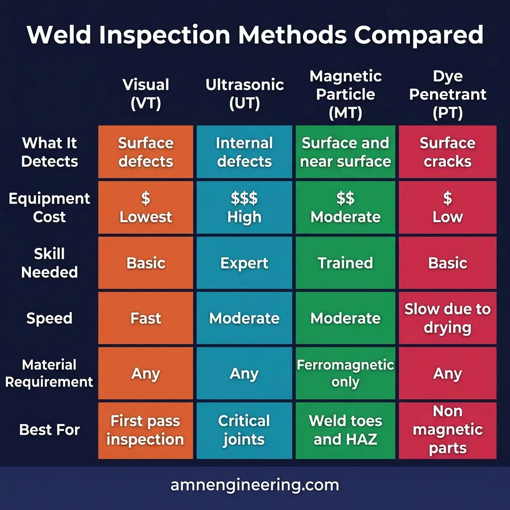 Comparison table of VT, UT, MT, and PT weld inspection methods by defect location, materials, cost, speed, and sensitivity