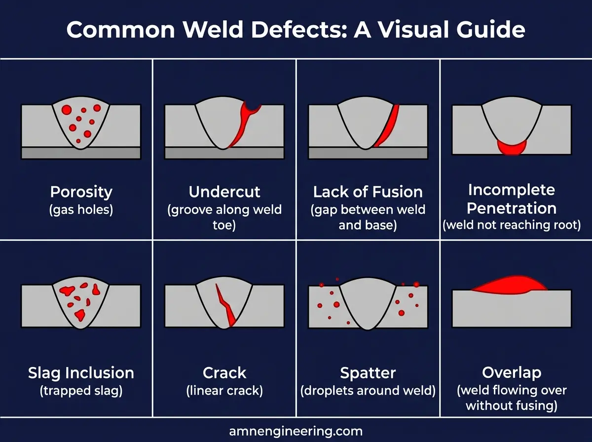 Diagram of common weld defect types including surface cracks, porosity, lack of fusion, undercut, slag inclusions, and incomplete penetration