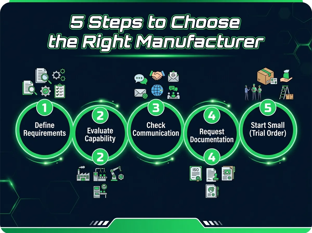 Five step guide to choosing a contract manufacturer showing define requirements, evaluate capability, check communication, request documentation, and start small
