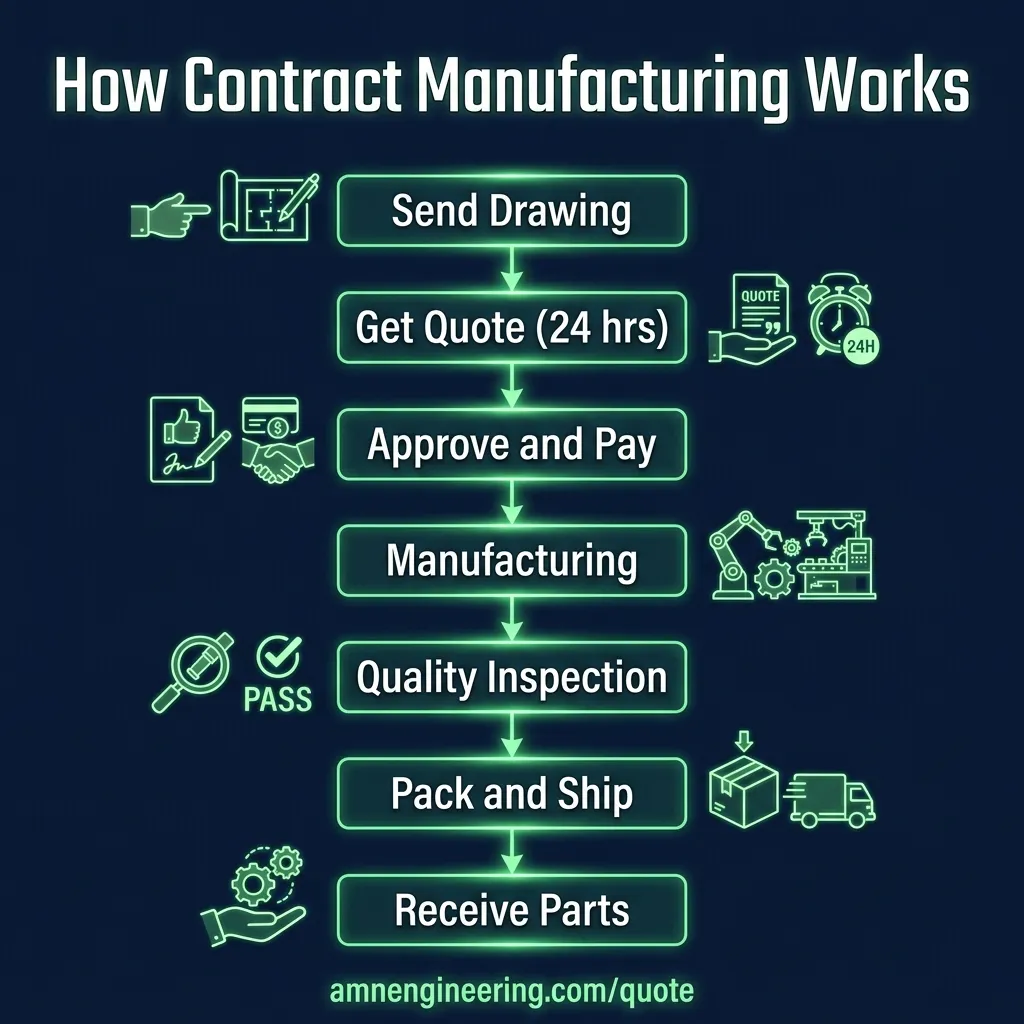 Step by step flowchart showing how contract manufacturing works from sending a drawing to receiving finished parts