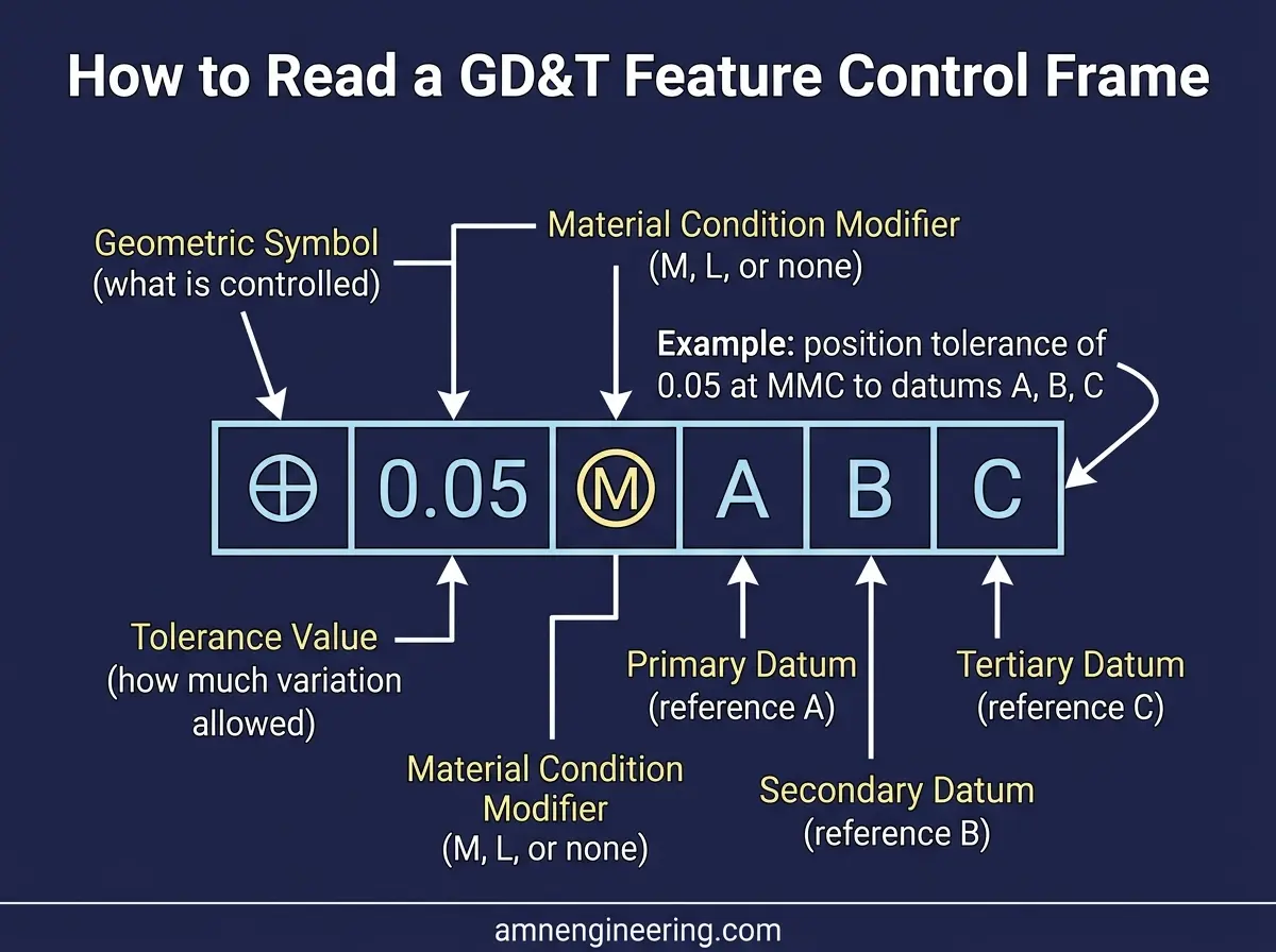 Feature control frame explained showing the geometric symbol, tolerance zone value, and datum references read left to right