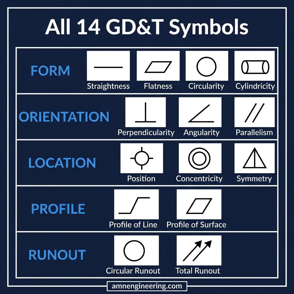 Complete reference chart of the 14 GD&T symbols used in geometric dimensioning and tolerancing, grouped into form, profile, orientation, location, and runout