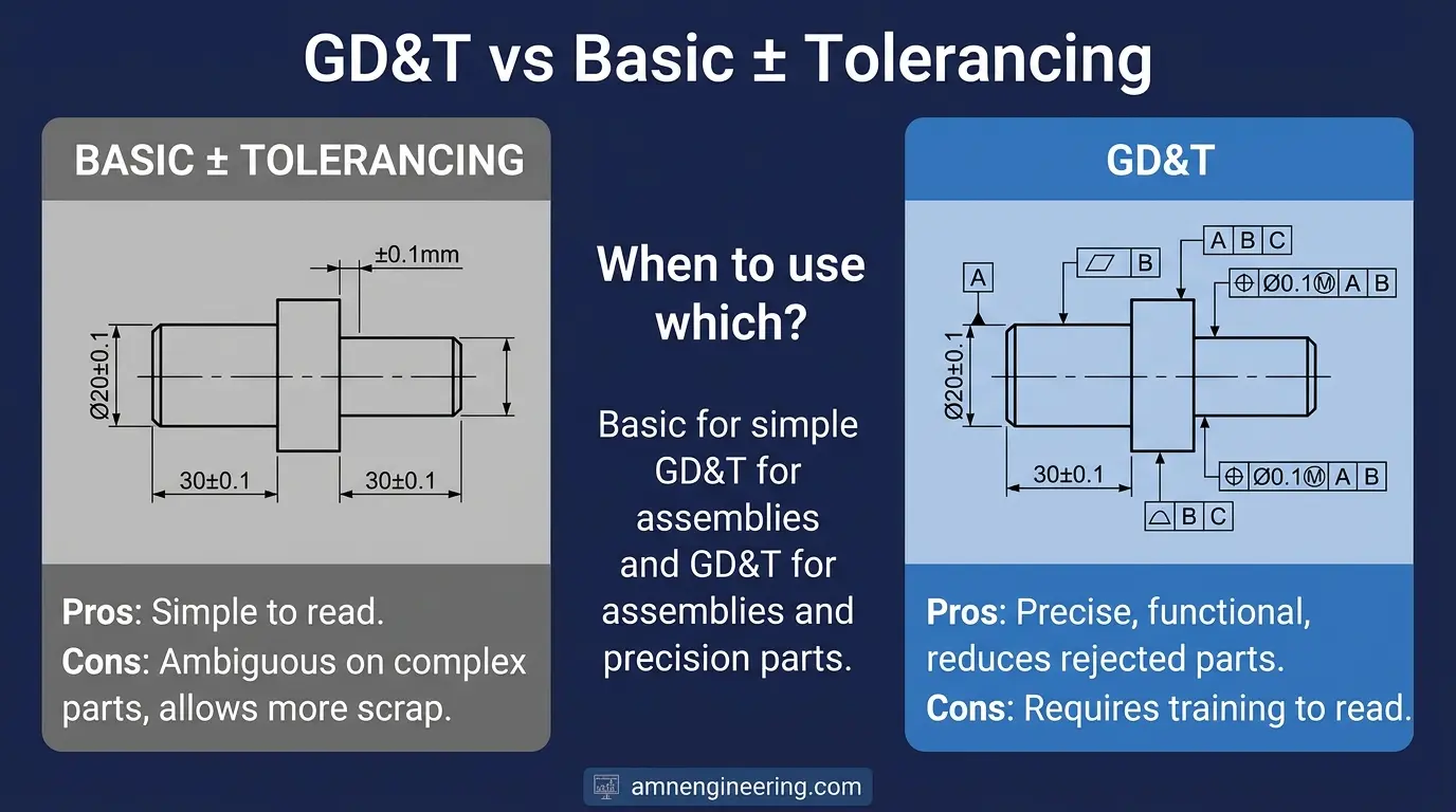 Side by side comparison of a square basic tolerance zone versus a circular GD&T true position tolerance zone showing 57 percent more usable area