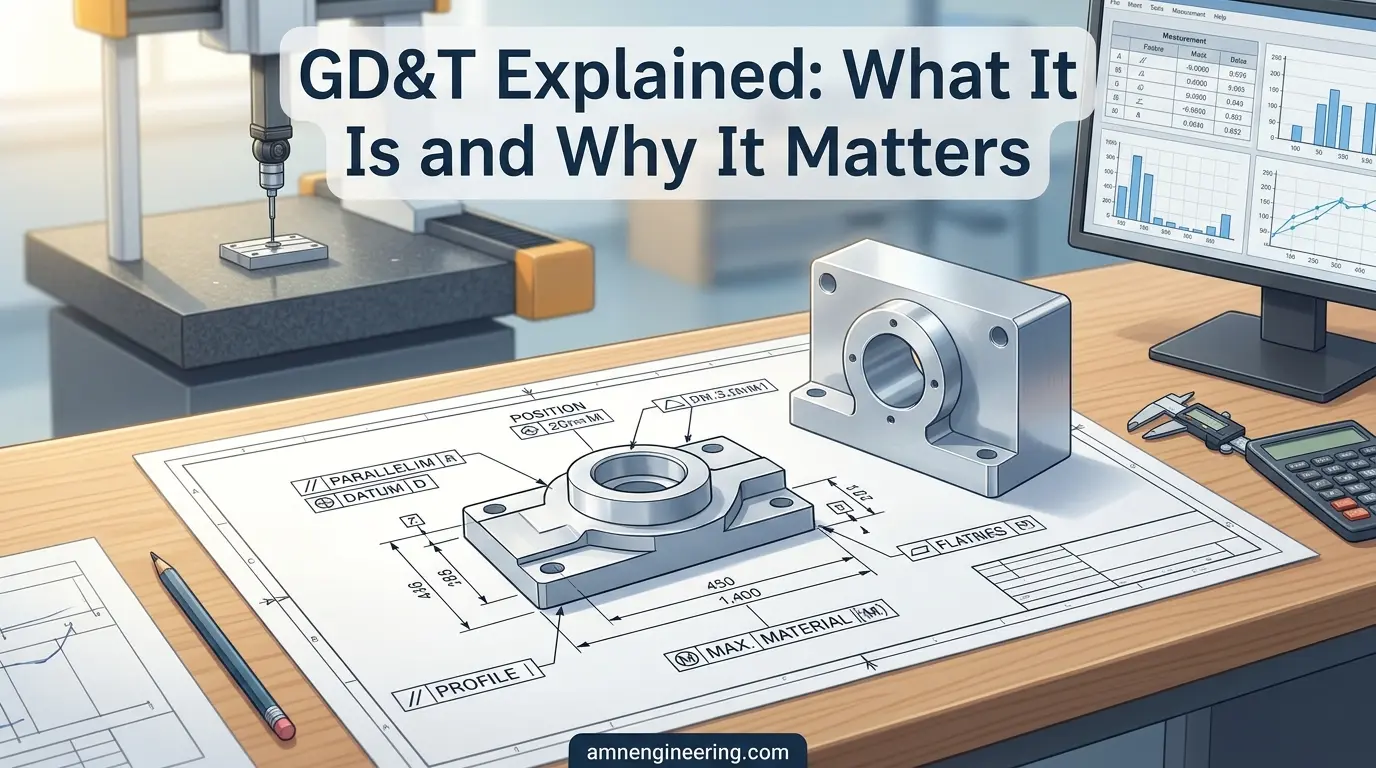 Engineering drawing with GD&T feature control frames and datum references for a CNC machined part