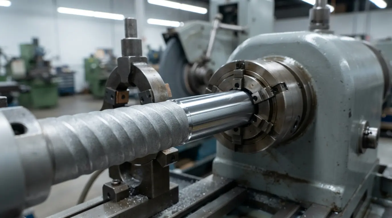 CNC machined shaft being loaded into a cylindrical grinding machine for precision finishing on bearing seats