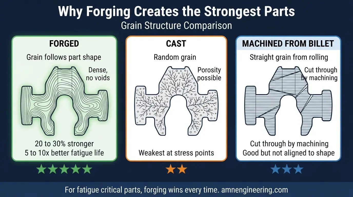 Three diagrams showing grain structure in forged part (aligned, following shape), cast part (random, with voids), and machined from billet (straight, cut through)