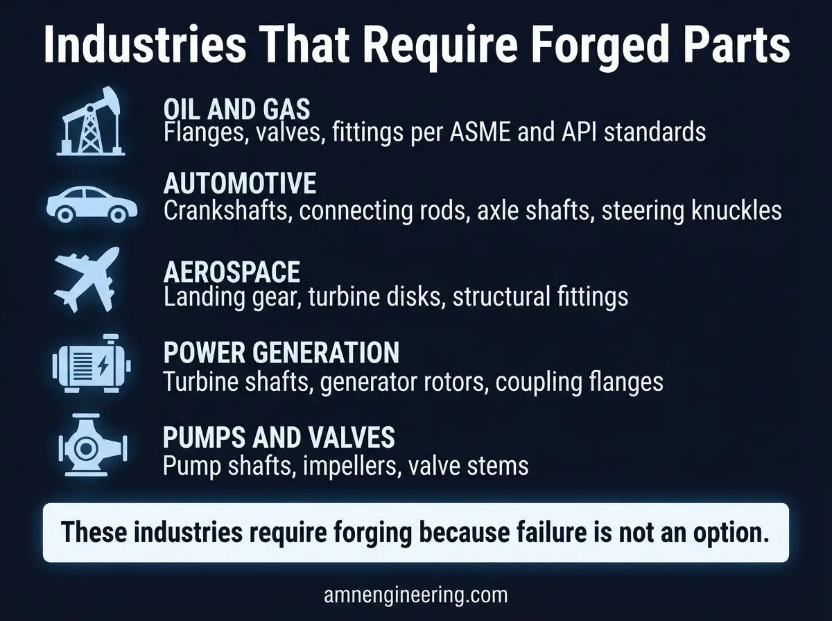 Forged critical components across industries including automotive crankshafts, aerospace landing gear, and oil and gas flanges