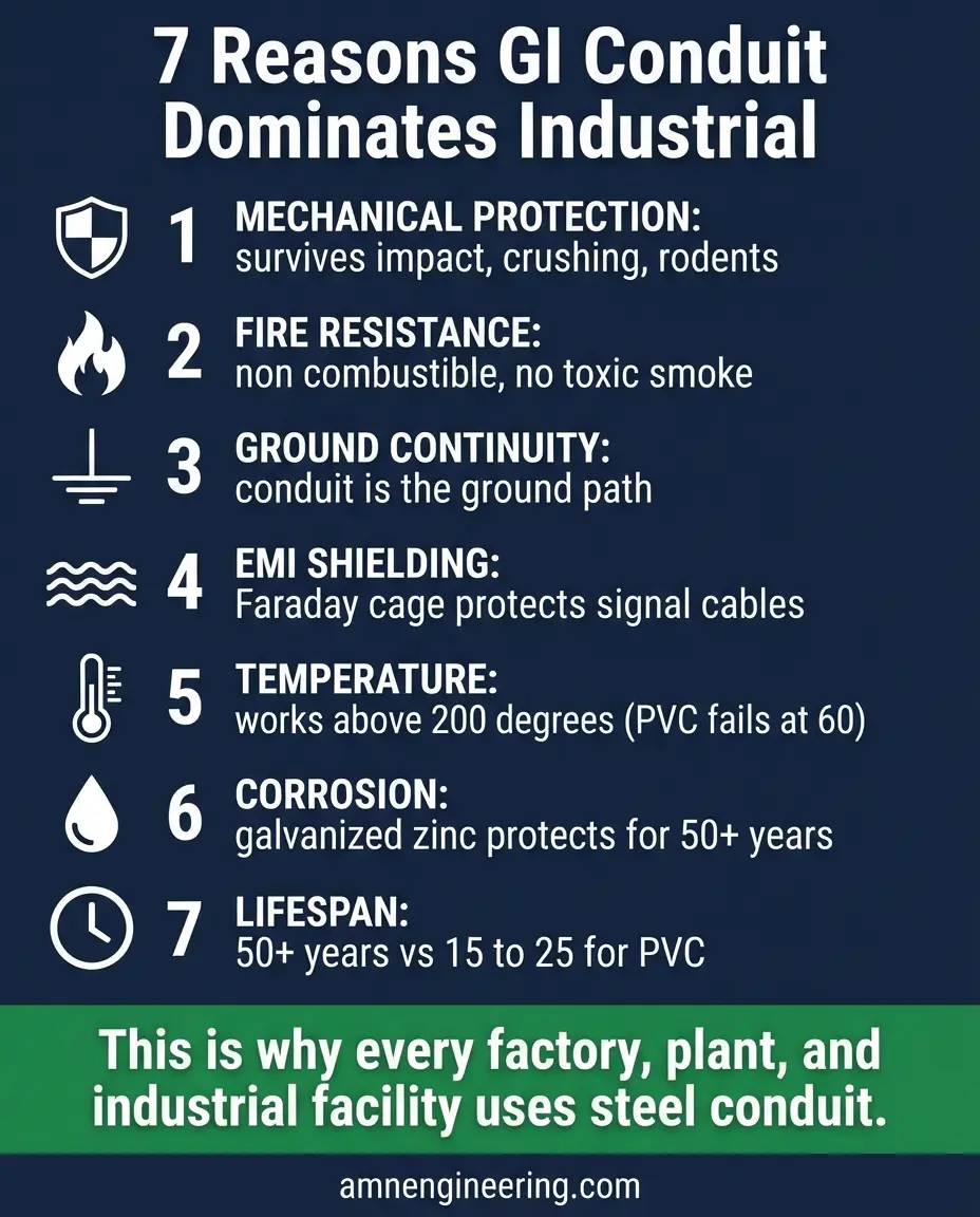 Infographic of 7 reasons GI conduits dominate industrial installations: mechanical protection, fire resistance, ground continuity, EMI shielding, temperature resistance, chemical resistance, and long service life