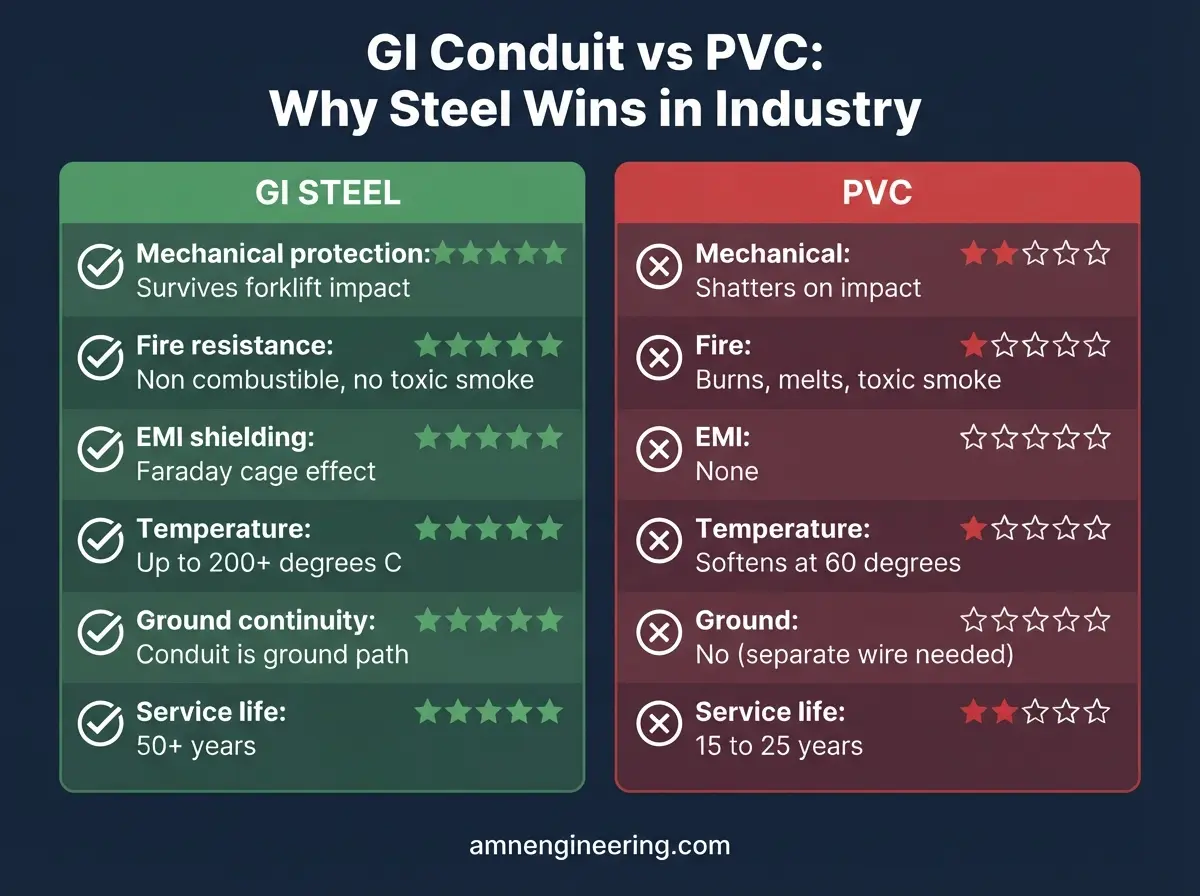 Galvanized steel conduit vs PVC conduit comparison showing mechanical protection, fire resistance, EMI shielding, temperature, and service life